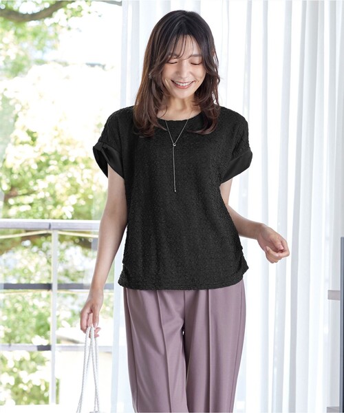 Tiaclasse（ティアクラッセ）の「ふくれジャカードカフス付きカットソー（Tシャツ/カットソー・レディース・オフホワイト/ブラック/グリーン・XL/XXL）」の16枚目の写真