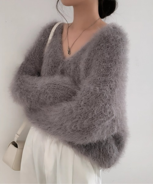 グレー ニットカーディガン 長袖 フロントボタン セール】フロントボタンリブVネックニット（カーディガン/トップス