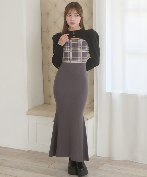 Ambre Neige(アンブルネージュ)の「plaid pattern knit camisole dress / チェックニットキャミワンピース(ワンピース・レディース・チャコールグレー/ブラック・FREE)」の2枚目の写真