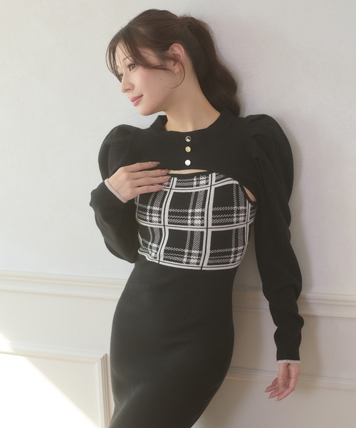 Ambre Neige(アンブルネージュ)の「plaid pattern knit camisole dress / チェックニットキャミワンピース(ワンピース・レディース・チャコールグレー/ブラック・FREE)」の1枚目の写真