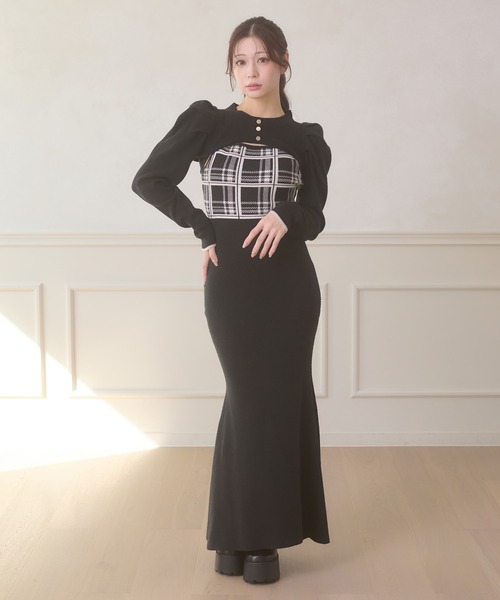 Ambre Neige(アンブルネージュ)の「plaid pattern knit camisole dress / チェックニットキャミワンピース(ワンピース・レディース・チャコールグレー/ブラック・FREE)」の3枚目の写真