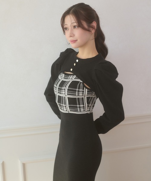 Ambre Neige(アンブルネージュ)の「plaid pattern knit camisole dress / チェックニットキャミワンピース(ワンピース・レディース・チャコールグレー/ブラック・FREE)」の6枚目の写真