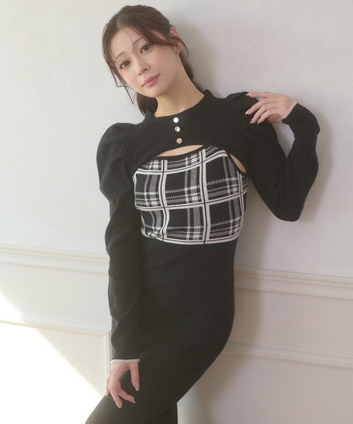Ambre Neige(アンブルネージュ)の「plaid pattern knit camisole dress / チェックニットキャミワンピース(ワンピース・レディース・チャコールグレー/ブラック・FREE)」の7枚目の写真