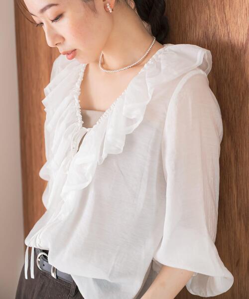 F by ROSSO（エフバイロッソ）の「F by ROSSO　フリルカラーシアーブラウス（シャツ/ブラウス・レディース・ブラック/オフホワイト・FREE）」の10枚目の写真