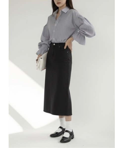 SALTMINT(ソルトミント)の「ボリュームスリーブストライプシャツ(シャツ/ブラウス・レディース・サックスブルー系/ブラック・FREE)」の5枚目の写真