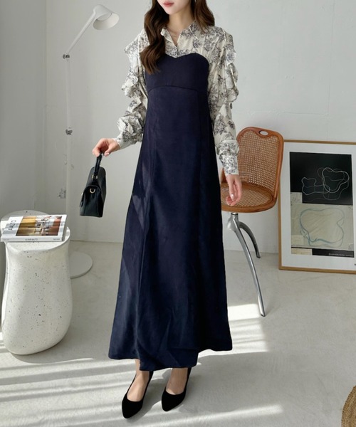 セール】花柄 ショルダーオープン フリルフレアロングワンピース