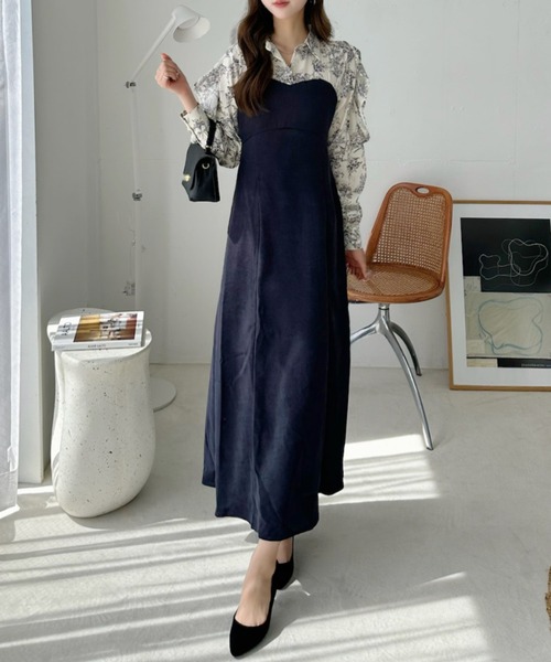 セール】花柄 ショルダーオープン フリルフレアロングワンピース