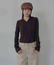 シルバーボタンリブフード長袖Tシャツカットソー