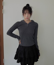 シルバーボタンリブフード長袖Tシャツカットソー