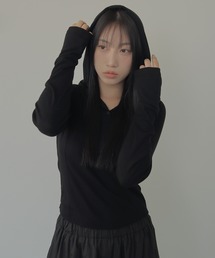シルバーボタンリブフード長袖Tシャツカットソー