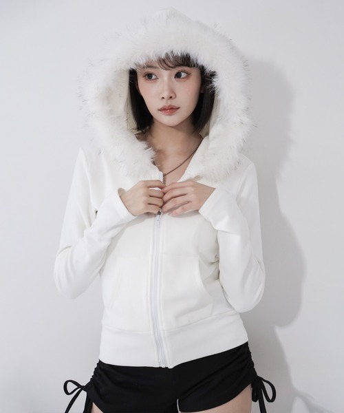 セール】【 2color 】フェイクファーフーディジップアップパーカー