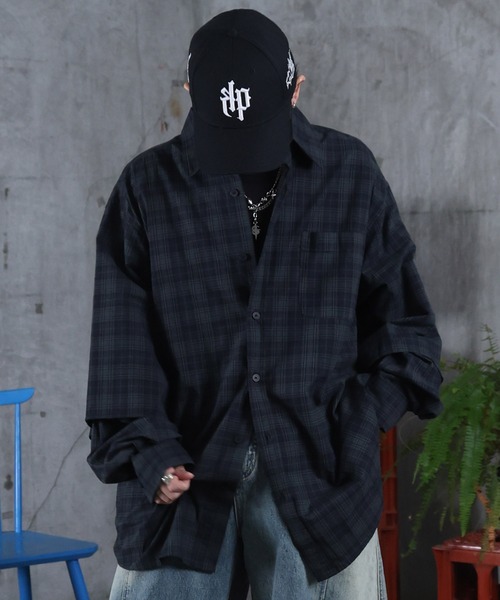 ILL'S(イルズ)の「フェイクレイヤード チェックシャツ メンズ レディース ユニセックス(シャツ/ブラウス・メンズ・ネイビー/グリーン/ワインレッド・M/L)」の2枚目の写真
