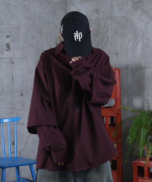 ILL'S(イルズ)の「フェイクレイヤード チェックシャツ メンズ レディース ユニセックス(シャツ/ブラウス・メンズ・ネイビー/グリーン/ワインレッド・M/L)」の3枚目の写真