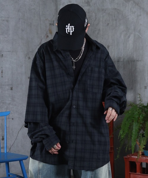 ILL'S(イルズ)の「フェイクレイヤード チェックシャツ メンズ レディース ユニセックス(シャツ/ブラウス・メンズ・ネイビー/グリーン/ワインレッド・M/L)」の11枚目の写真