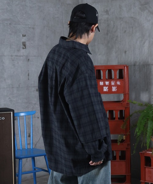 ILL'S(イルズ)の「フェイクレイヤード チェックシャツ メンズ レディース ユニセックス(シャツ/ブラウス・メンズ・ネイビー/グリーン/ワインレッド・M/L)」の12枚目の写真