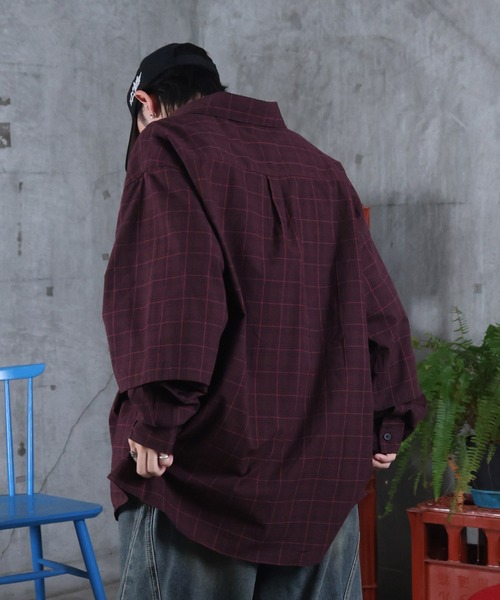 セール】フェイクレイヤード チェックシャツ メンズ レディース ユニ