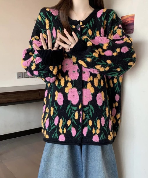 花柄ジャガード ボアニットカーディガン（カーディガン/ボレロ