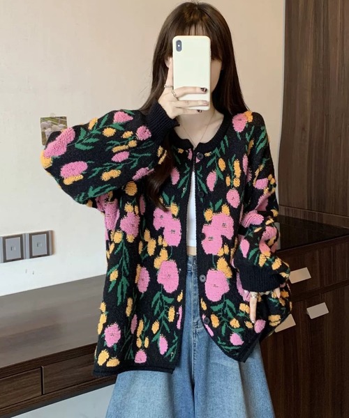 花柄ジャガード ボアニットカーディガン（カーディガン/ボレロ