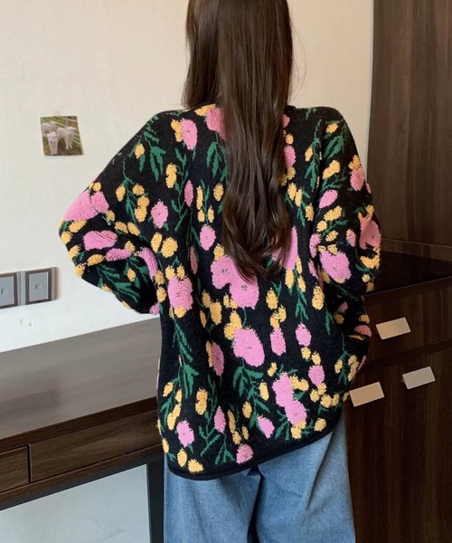 花柄ジャガード ボアニットカーディガン（カーディガン/ボレロ