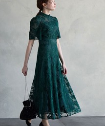 チュール刺繍×ドットチュールプチハイネックフレアパーティードレス 結婚式 お呼ばれ ドレス 20代 30代