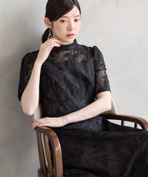 チュール刺繍×ドットチュールプチハイネックフレアパーティードレス 結婚式 お呼ばれ ドレス 20代 30代