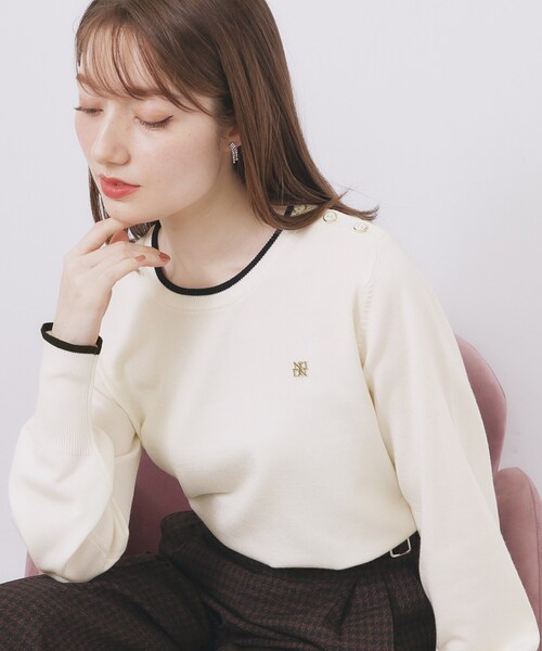 ゴールドパーツ付きバイカラークルーネックニット【洗濯機OK】（ニット