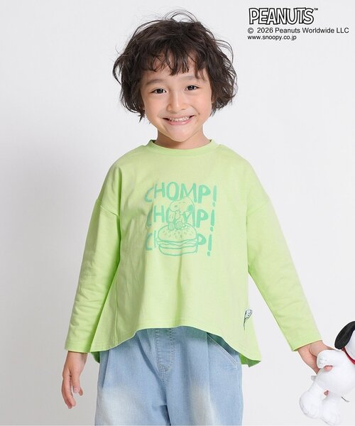 Seraph(セラフ)の「PEANUTS AラインフロッキーTシャツ(Tシャツ/カットソー・キッズ・サックスブルー/ライム/ピンク・140/130/120/110/100/90/80)」の1枚目の写真