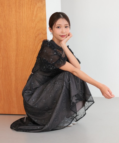 haremode（ハレモード）の「結婚式 お呼ばれ 二次会 謝恩会 成人式 同窓会 対応 20代 30代 クラシカル レース フレア 花柄 刺繍 フリル袖 五分袖きれいめ パーティー オケージョン ドレス（ドレス・レディース・ブラック/ベージュ/ブラウン・S/M）」の9枚目の写真