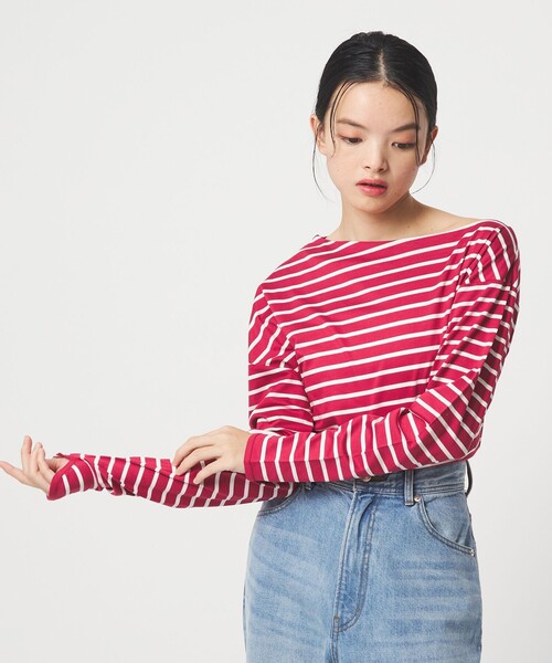 EMMEL REFINES(エメルリファインズ)の「<EMMEL REFINES>EM アシンメトリー ボーダー ロンT(Tシャツ/カットソー・レディース・レッド/ホワイト/ネイビー・FREE)」の5枚目の写真