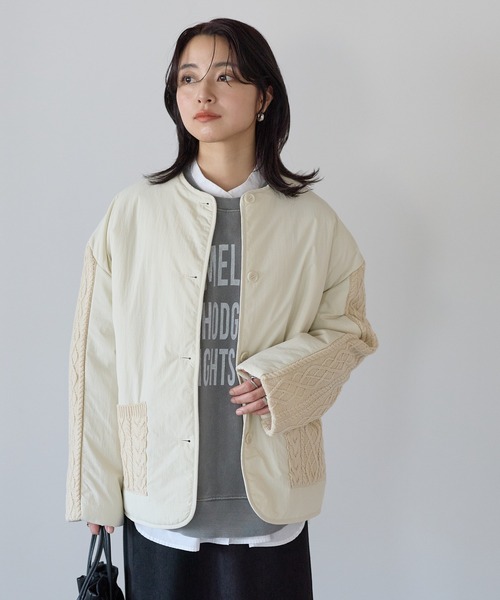 HEART MARKET(ハートマーケット)の「ニットケーブル切替中綿ジャケット(ノーカラージャケット・レディース・オフホワイト/ホワイト系その他/ブラック/カーキ・FREE)」の2枚目の写真