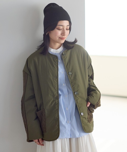 HEART MARKET(ハートマーケット)の「ニットケーブル切替中綿ジャケット(ノーカラージャケット・レディース・オフホワイト/ホワイト系その他/ブラック/カーキ・FREE)」の1枚目の写真