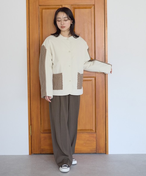 HEART MARKET(ハートマーケット)の「ニットケーブル切替中綿ジャケット(ノーカラージャケット・レディース・オフホワイト/ホワイト系その他/ブラック/カーキ・FREE)」の10枚目の写真