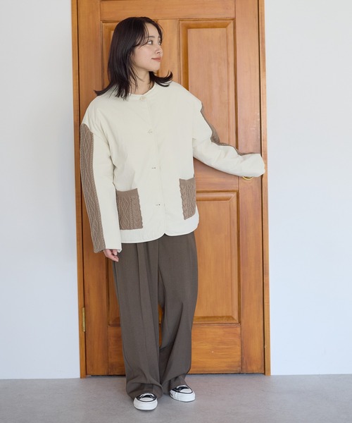 HEART MARKET(ハートマーケット)の「ニットケーブル切替中綿ジャケット(ノーカラージャケット・レディース・オフホワイト/ホワイト系その他/ブラック/カーキ・FREE)」の11枚目の写真