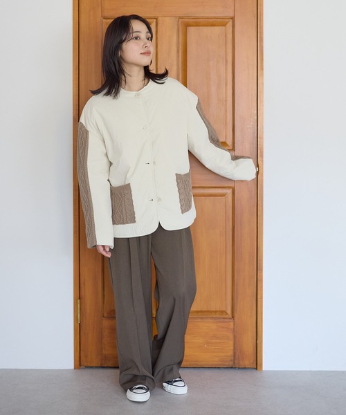 HEART MARKET(ハートマーケット)の「ニットケーブル切替中綿ジャケット(ノーカラージャケット・レディース・オフホワイト/ホワイト系その他/ブラック/カーキ・FREE)」の12枚目の写真