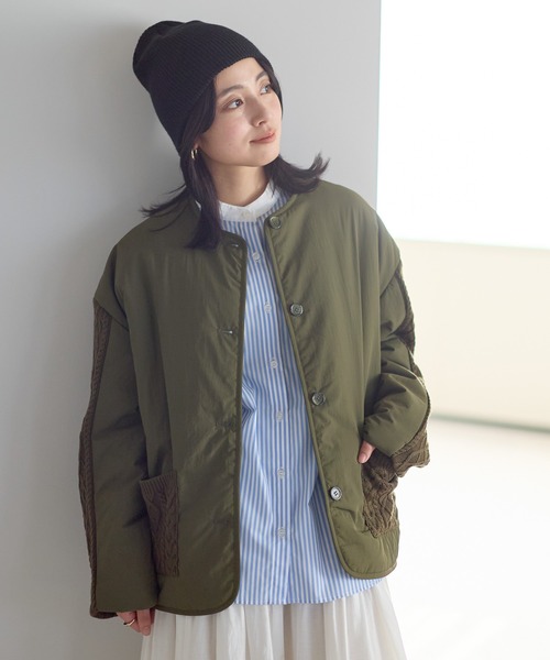 HEART MARKET(ハートマーケット)の「ニットケーブル切替中綿ジャケット(ノーカラージャケット・レディース・オフホワイト/ホワイト系その他/ブラック/カーキ・FREE)」の14枚目の写真