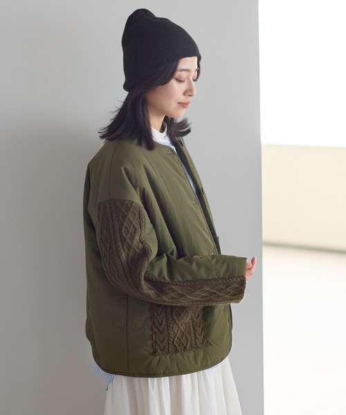 HEART MARKET(ハートマーケット)の「ニットケーブル切替中綿ジャケット(ノーカラージャケット・レディース・オフホワイト/ホワイト系その他/ブラック/カーキ・FREE)」の16枚目の写真
