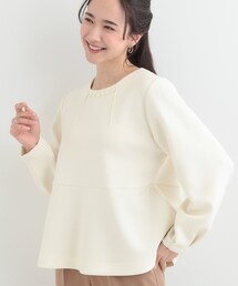 【セットアップ可/S-LL/なめらかタッチ】上品見え フェイクパール付きペプラムトップス