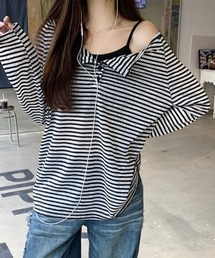 ボーダーオフショルダーロングTシャツ