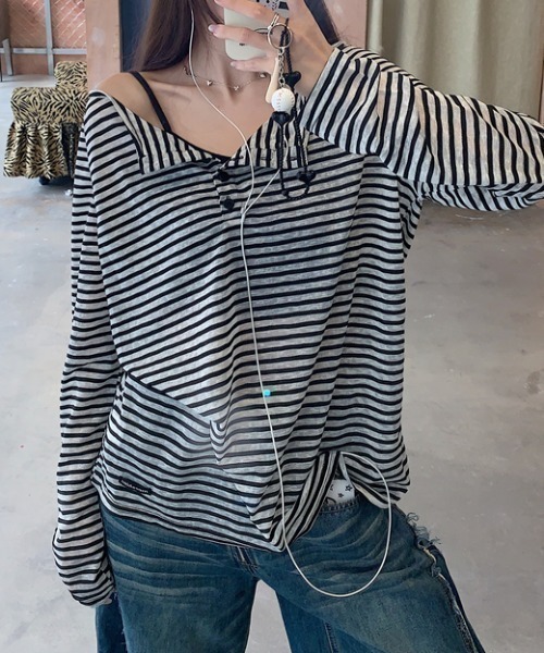 NANEA(ナネア)の「ボーダーオフショルダーロングTシャツ(Tシャツ/カットソー・レディース・ブラック・MEDIUM/LARGE/SMALL)」の2枚目の写真
