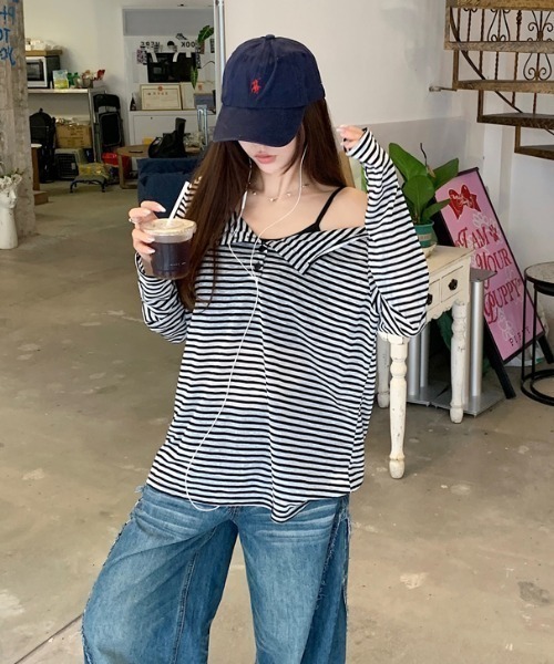 NANEA(ナネア)の「ボーダーオフショルダーロングTシャツ(Tシャツ/カットソー・レディース・ブラック・MEDIUM/LARGE/SMALL)」の5枚目の写真
