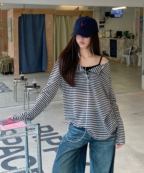 NANEA(ナネア)の「ボーダーオフショルダーロングTシャツ(Tシャツ/カットソー・レディース・ブラック・MEDIUM/LARGE/SMALL)」の6枚目の写真