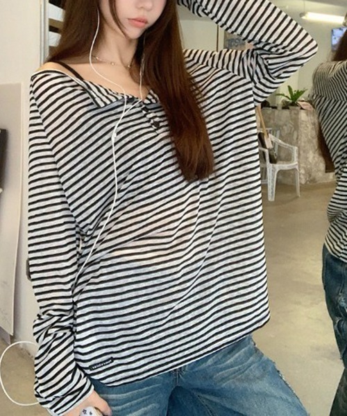 NANEA(ナネア)の「ボーダーオフショルダーロングTシャツ(Tシャツ/カットソー・レディース・ブラック・MEDIUM/LARGE/SMALL)」の8枚目の写真