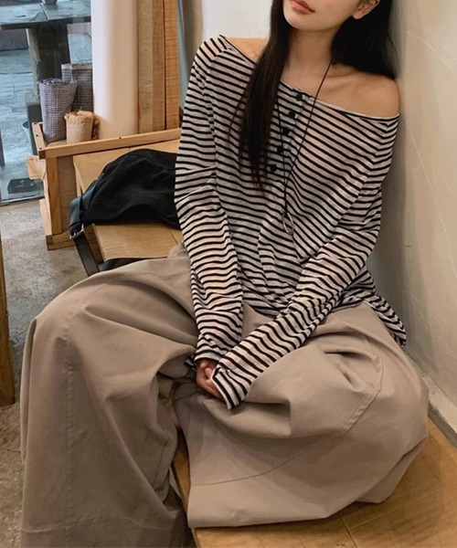 NANEA(ナネア)の「ボーダーオフショルダーロングTシャツ(Tシャツ/カットソー・レディース・ブラック・MEDIUM/LARGE/SMALL)」の13枚目の写真