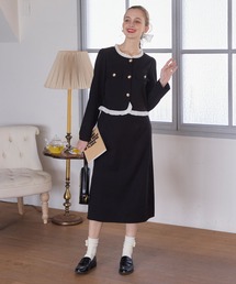 BONLECILL noir（ボンルシールノワール）の「【BONLECILL noir】異素材フリルゴールドボタンノーカラージャケット＆スカートセット（スーツスカート）」