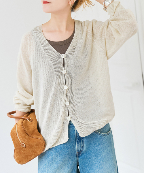 Spick & Span（スピックアンドスパン）の「コットンリネンギマ天竺カーディガン（カーディガン/ボレロ・レディース・ピンク系その他/ブラウン/ホワイト・FREE）」の2枚目の写真