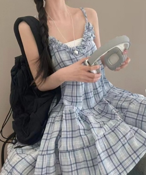 yuue' ( wear )（ユーイ）の「チェック柄フリルティアードキャミチュニック/ミニワンピース（キャミソール・レディース・イエロー/ピンク/ブルー・FREE）」の2枚目の写真