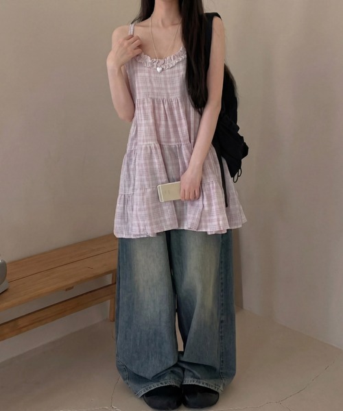 yuue' ( wear )（ユーイ）の「チェック柄フリルティアードキャミチュニック/ミニワンピース（キャミソール・レディース・イエロー/ピンク/ブルー・FREE）」の9枚目の写真
