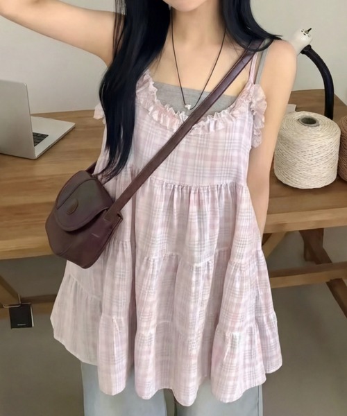yuue' ( wear )（ユーイ）の「チェック柄フリルティアードキャミチュニック/ミニワンピース（キャミソール・レディース・イエロー/ピンク/ブルー・FREE）」の4枚目の写真