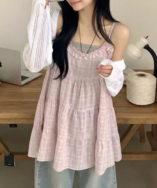 yuue' ( wear )（ユーイ）の「チェック柄フリルティアードキャミチュニック/ミニワンピース（キャミソール・レディース・イエロー/ピンク/ブルー・FREE）」の7枚目の写真