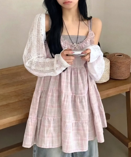 yuue' ( wear )（ユーイ）の「チェック柄フリルティアードキャミチュニック/ミニワンピース（キャミソール・レディース・イエロー/ピンク/ブルー・FREE）」の6枚目の写真